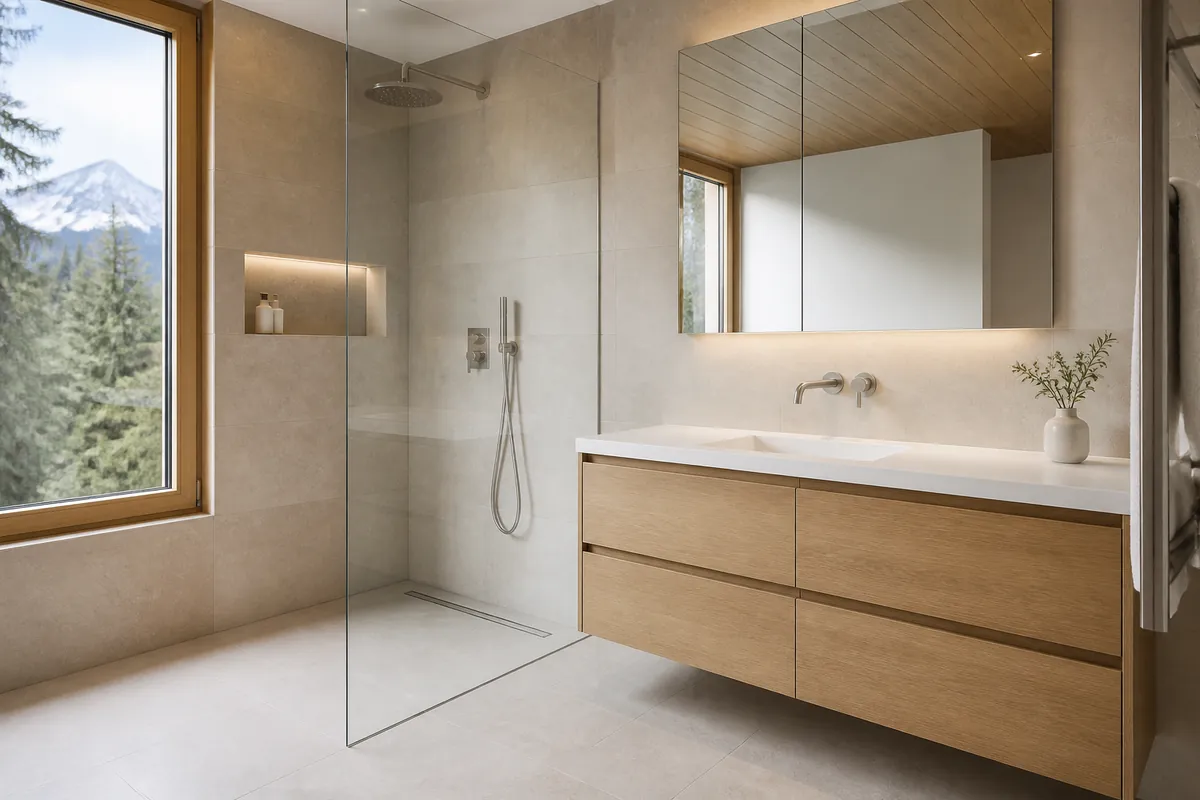 Renoviertes Bad mit bodenebener Dusche und Holzwaschtisch