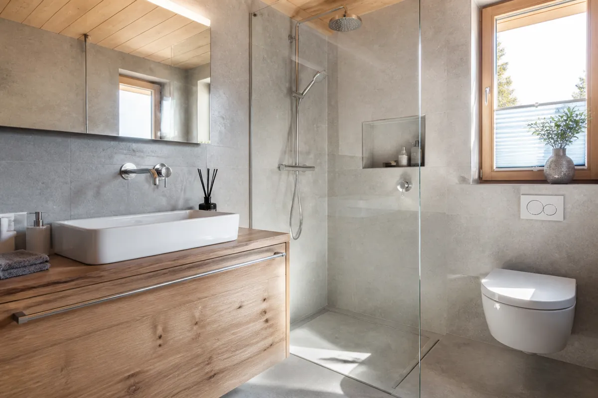 Modern renoviertes Bad mit Dusche und Waschtisch