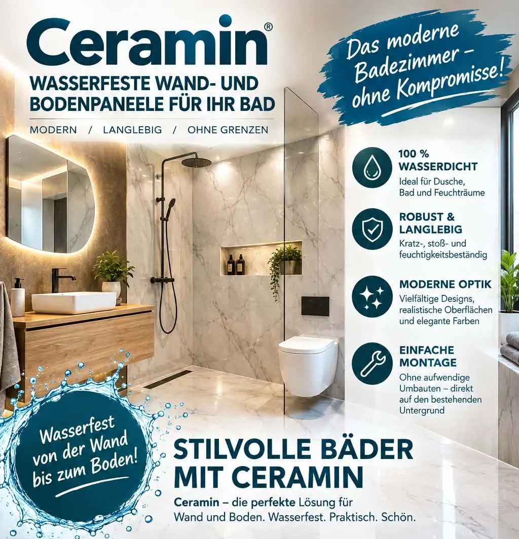 Ceramin Produktflyer: wasserfeste Wand- und Bodenpaneele für das Badezimmer