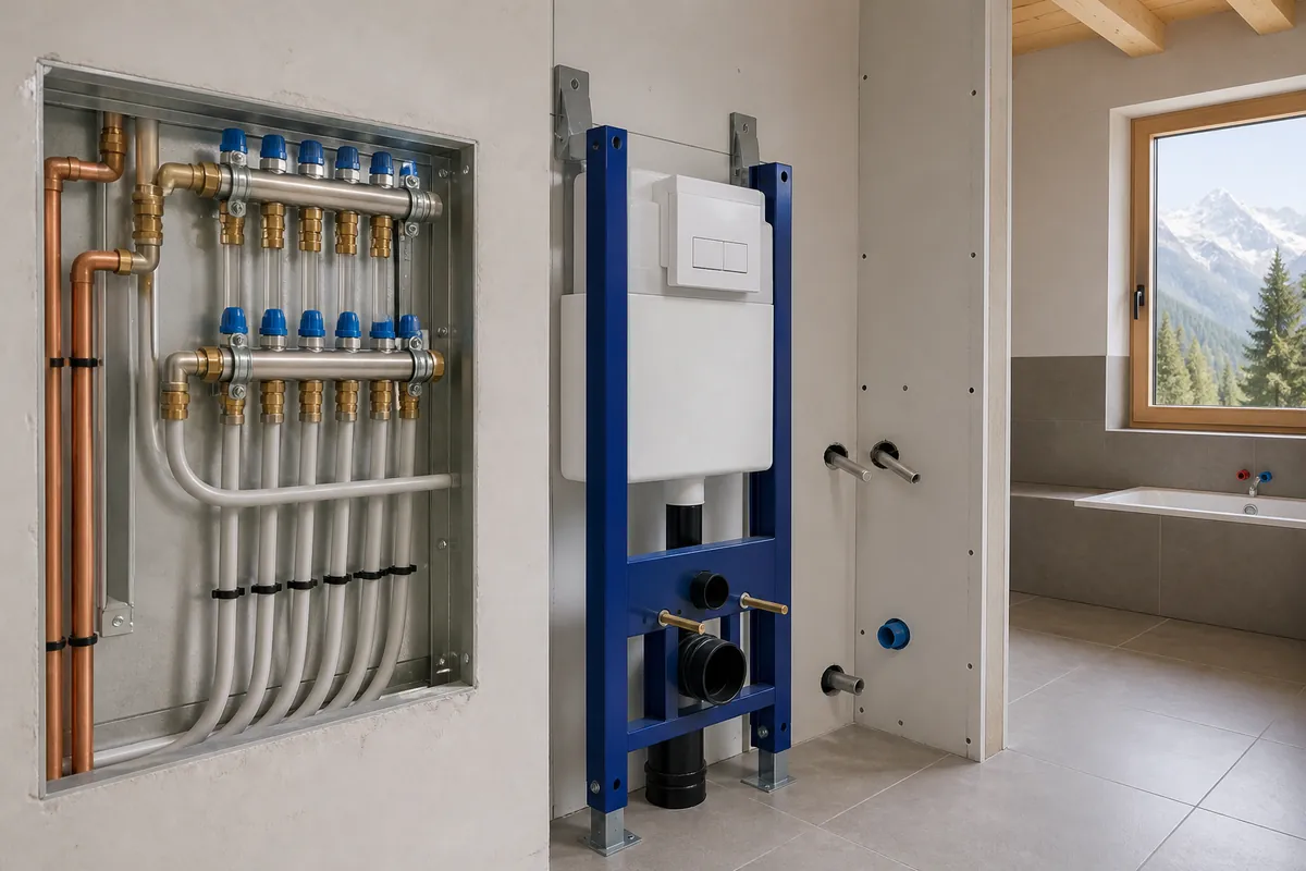 Neue Sanitärinstallation mit sauber verlegten Leitungen
