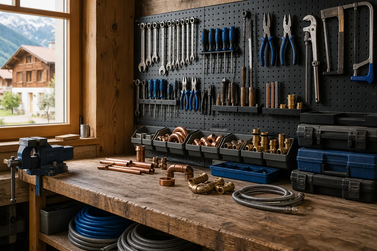 Geordnete Sanitärwerkstatt mit Werkzeugen und Rohrfittings